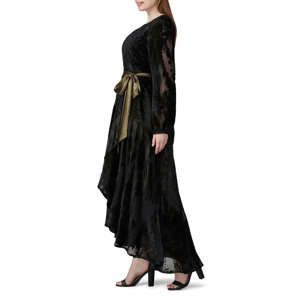 Hutch Black Burnout Velvet Wrap Maxi Dress Metallic Sash Hi-Low Hem Size M - Picture 5 of 12